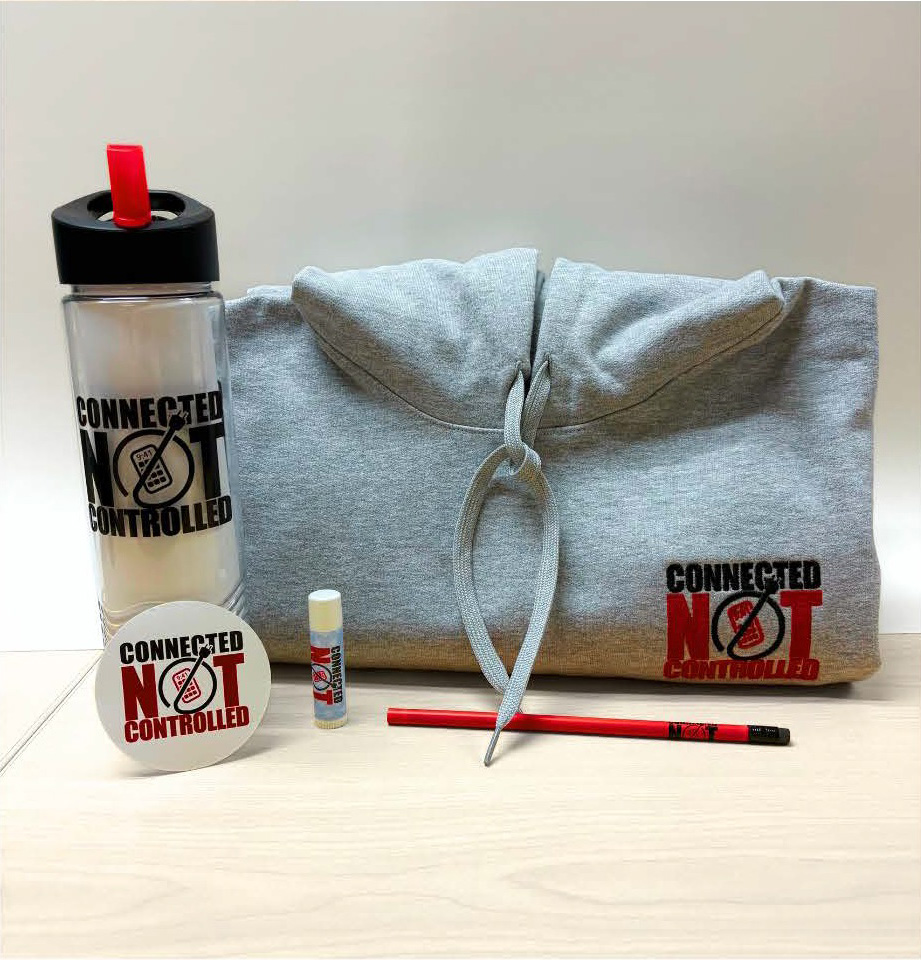 Photo of prizes including hoodie, water bottle, lip balm, pencil and sticker